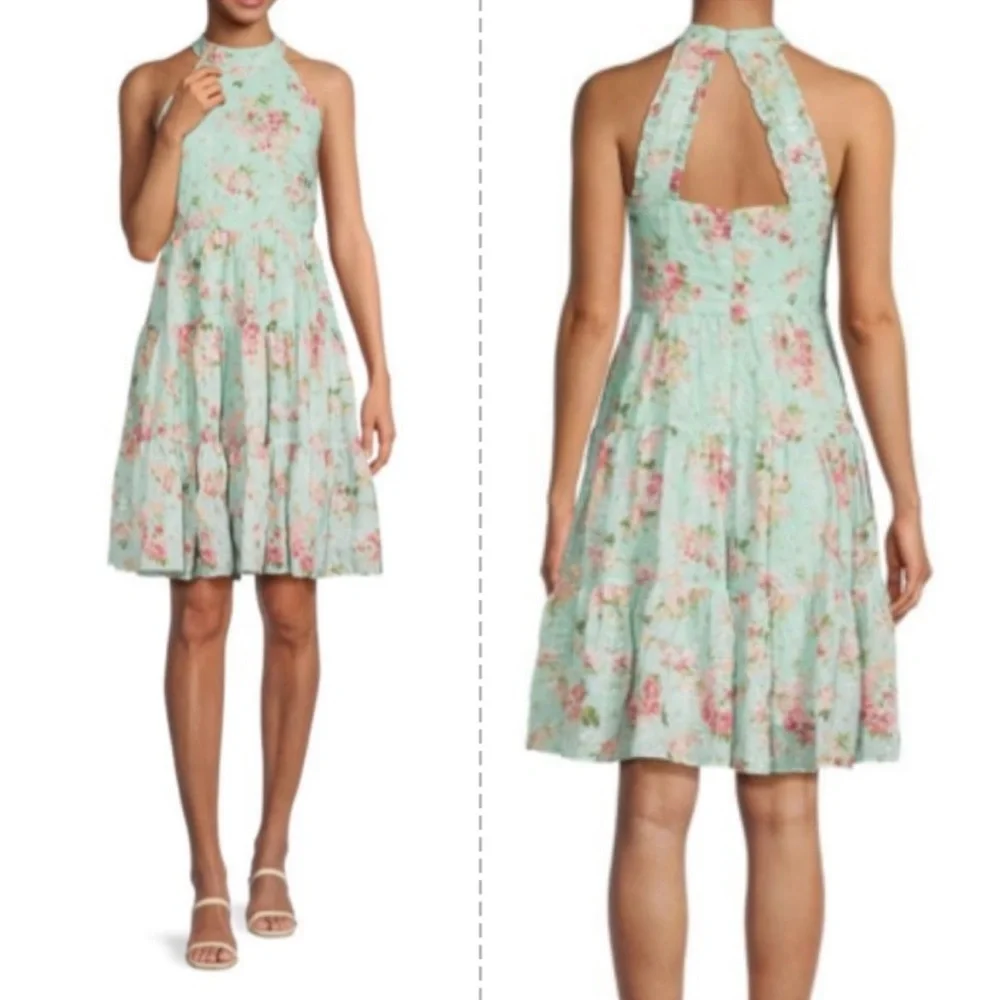 Eliza J Embroidered Floral Halter Neck Cut Out Back summer Dress Mint Size 14 - Picture 6 of 10